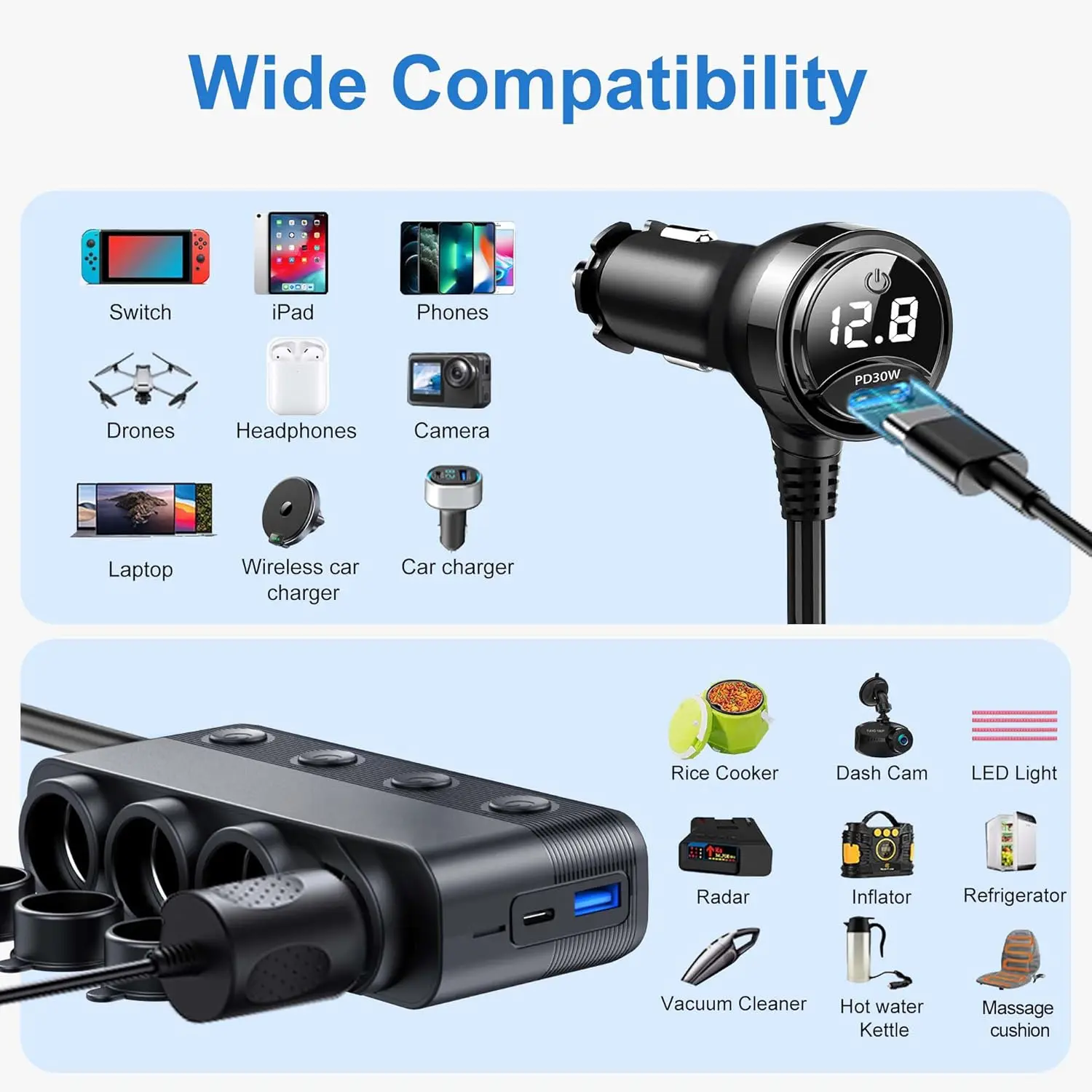 Cigarette Lighter Splitter Adapter 216W 4 Socket Heavy Duty Truck Car USB  Chager Multi Port with PD30W/QC3.0 Charge USB C 12V/24V Independent  Switches & Dust Cover & Waterproof for Car Devices -