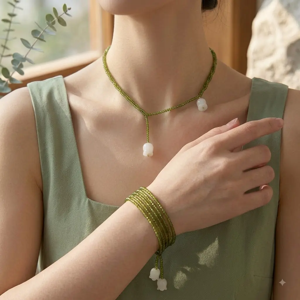 2-Way Wear Lily of the Valley Beaded Jewelry: 70cm Necklace or Layered Bracelet with Sliding Knot