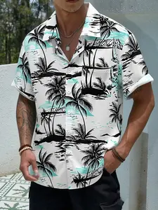 Tropical Bold Palm Tree Prints Hawaiian Shirt | Summer Beach Vacation Casual Short Sleeve Button Up Shirt Top