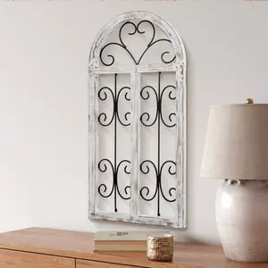 White Wood and Black Metal Scrollwork Arched Window Frame Wall Decoration, Hanging Distressed Wooden Panel