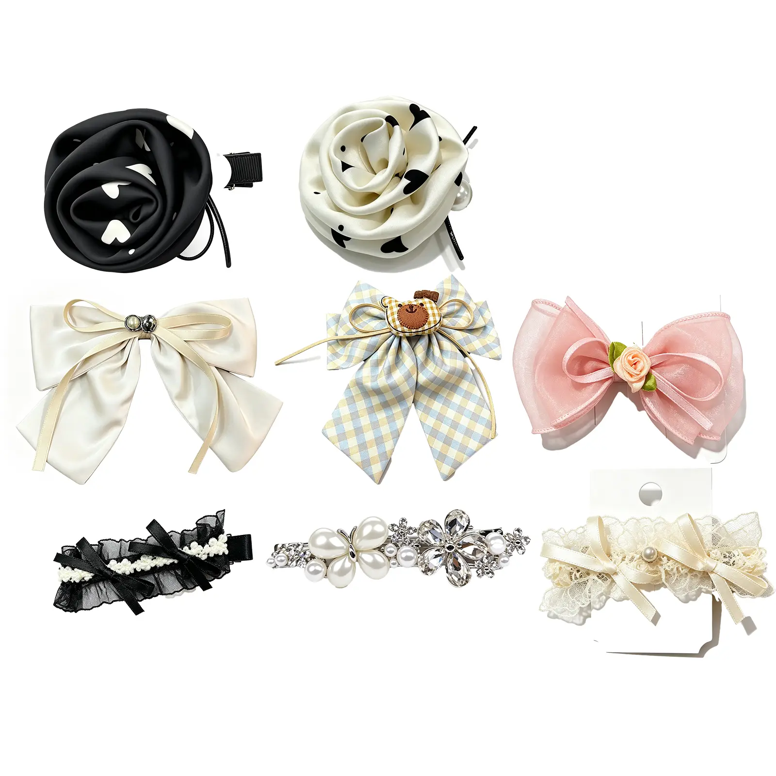 8Pcs Multi-Styles Elegant Bow Hair Clip  Accessories Set, Satin Floral Lace Rhinestone Pearl Hair Clips Barrettes, Cute Sweet Hair Pins for Women Teen Girls Daily Party Dating