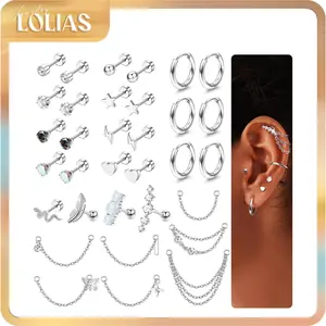 LOLIAS 33Pcs 20G Cartilage Earrings Set for Women Men Surgical Steel Helix Earrings Cute CZ Opal Star Heart Snake Small Hypoallergenic Flat Back Stud Earrings Hoop Chain Dangle Conch Daith Helix Tragus Cartilage Piercing Jewelry Stack