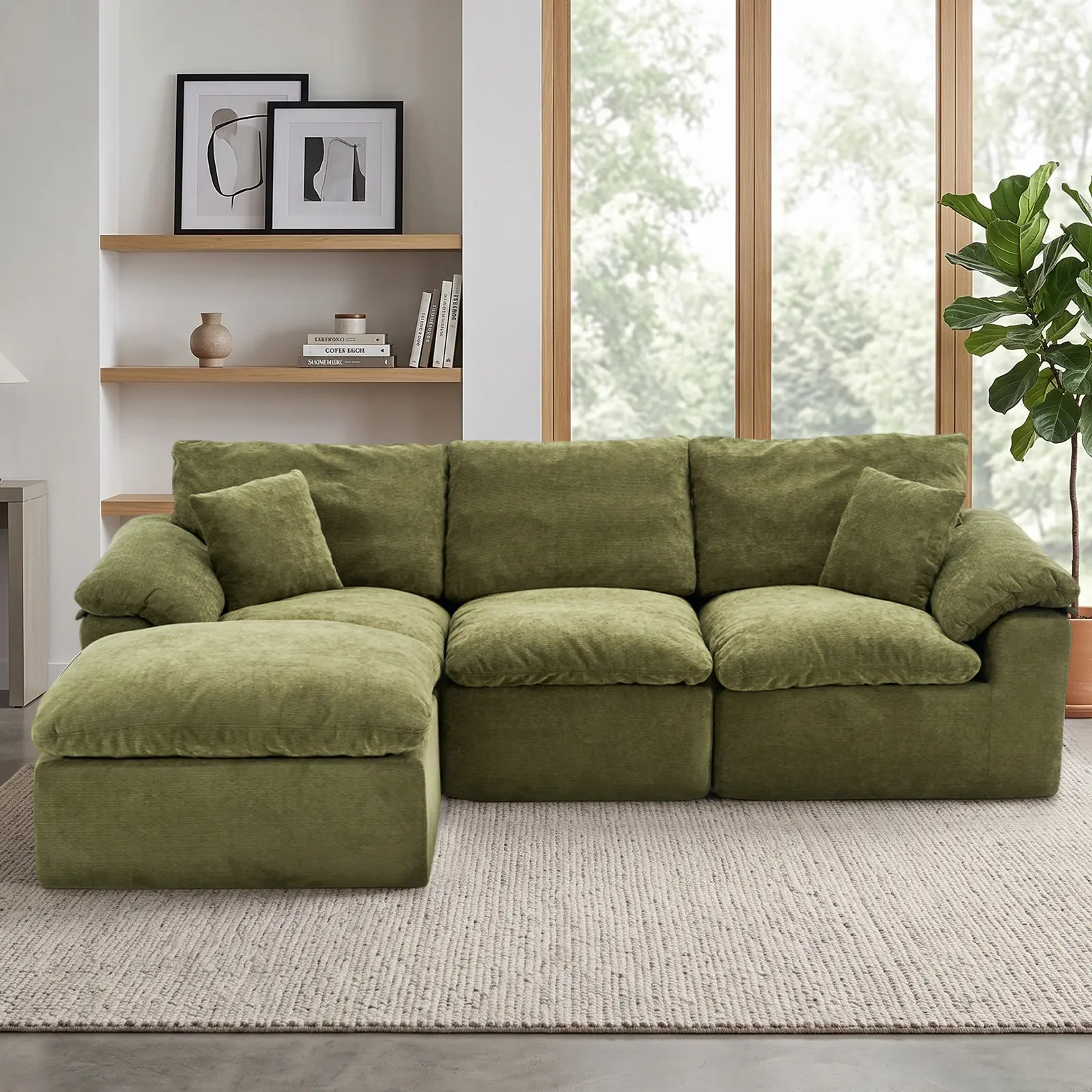Modular Sectional Sofa, L Shape Cloud Couch with 1 Movable Ottoman, Comfy Chenille Deep Seat Sofa with Soft Pillows for Living Room Apartment (Green/Black)