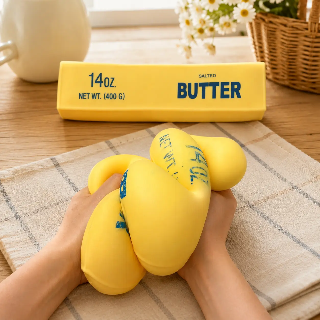 [Dealsforyou] Jumbo Butter-Shaped Decompression Squeeze Squishy, 14 oz (400 g), TPR Shell with Flour & Air Filling, 1 Piece, Sensory Fidget Relief Anxiety Reducing Ball, Funny Gift Collectible Desk Toy