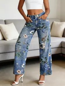 Women's Elegant Floral Denim Jeans, Fitted Straight Leg Blue Jeans, All Seasons Commuter Casual Design, No Elasticity, Pants