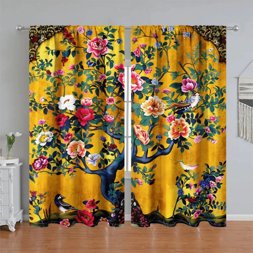 2Pcs Golden Floral Bird Printed Curtains, Vibrant Peony Flower Tree Theme, Pole Pocket Style, Semi Sunshade, Suitable for Home Living Room, Bedroom, Balcony, Kitchen, Study and Shower Window Decoration, Accessory, Anti Privacy.