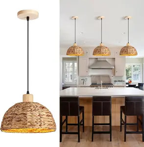 Boho Pendant Lights Kitchen Island, 11.8" Hand-Woven Rattan Seagrass Hanging Ceiling Light for Living Dining Room