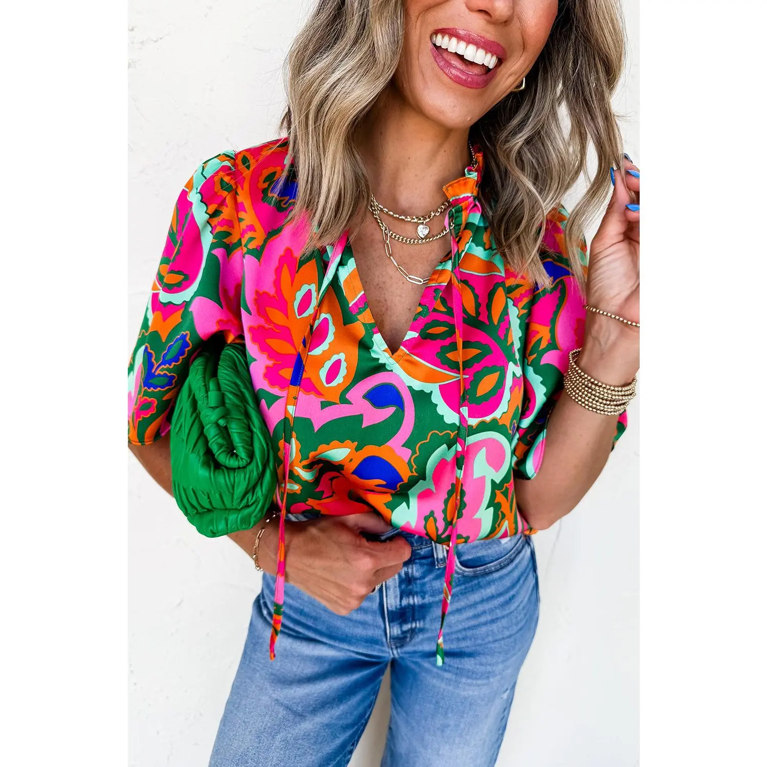 Rose Summer Plant Print Lace up V Neck Short Sleeve Blouse