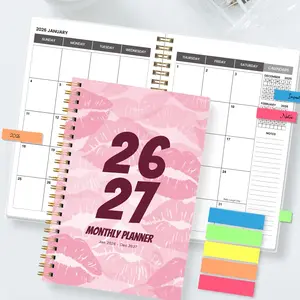 A5 Spiral Bound Monthly Planner 2026-2027, Lip Print Cover, Dual Year Calendar Notebook, Productivity Planner, Thick Paper Non-Marking, Flat Lay Writing