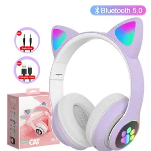 2026 Flash Lamp Cute Cat wireless Ears design Headphone Bluetooth5.0 Stereo With Mic Support TF Card  Kids Girl Earphone Birthday Gift comfortable wear dream travel headphones