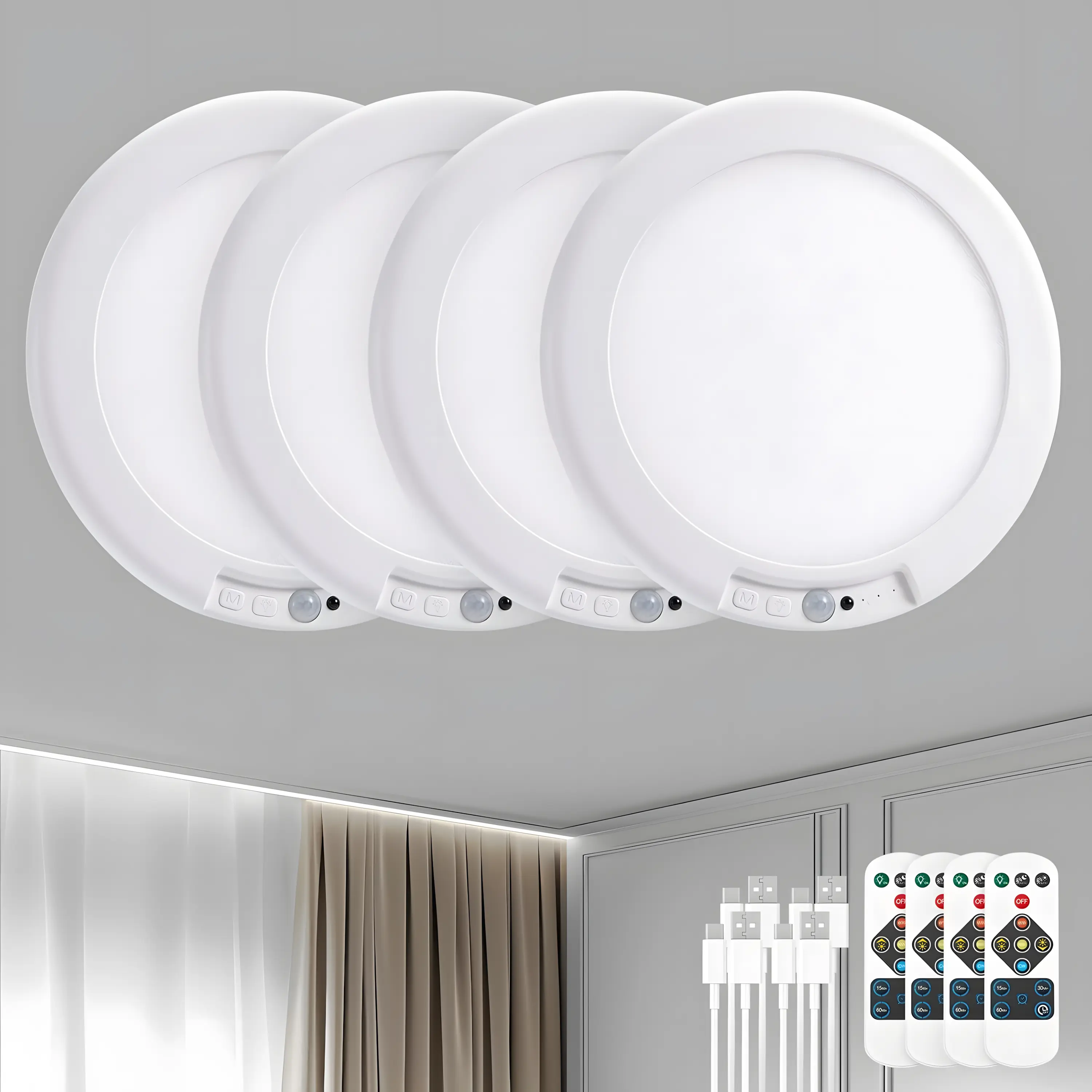 1/2/4-Pack Rechargeable Motion-Sensor Ceiling Lights with Remote Control—Magnetic, Wireless, Battery-Powered LED Lights with an 8,000 mAh Rechargeable Battery, 3 Color Temperatures, and 10 Brightness Levels; Ideal for Closets, Showers, Staircases, Storage