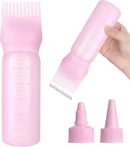 Root Comb Applicator Bottle Oil Applicator for Hair Dye Hair Oiling Bottle with 2 Type Caps and Graduated Scale, 6 Ounce (Pink)