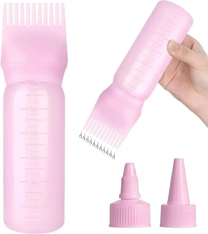 6 oz Pink Root Comb Applicator Bottle - Hair Dye & Oiling Tool with 2 Cap Types, Graduated Scale, Haircare Home Styling Accessory