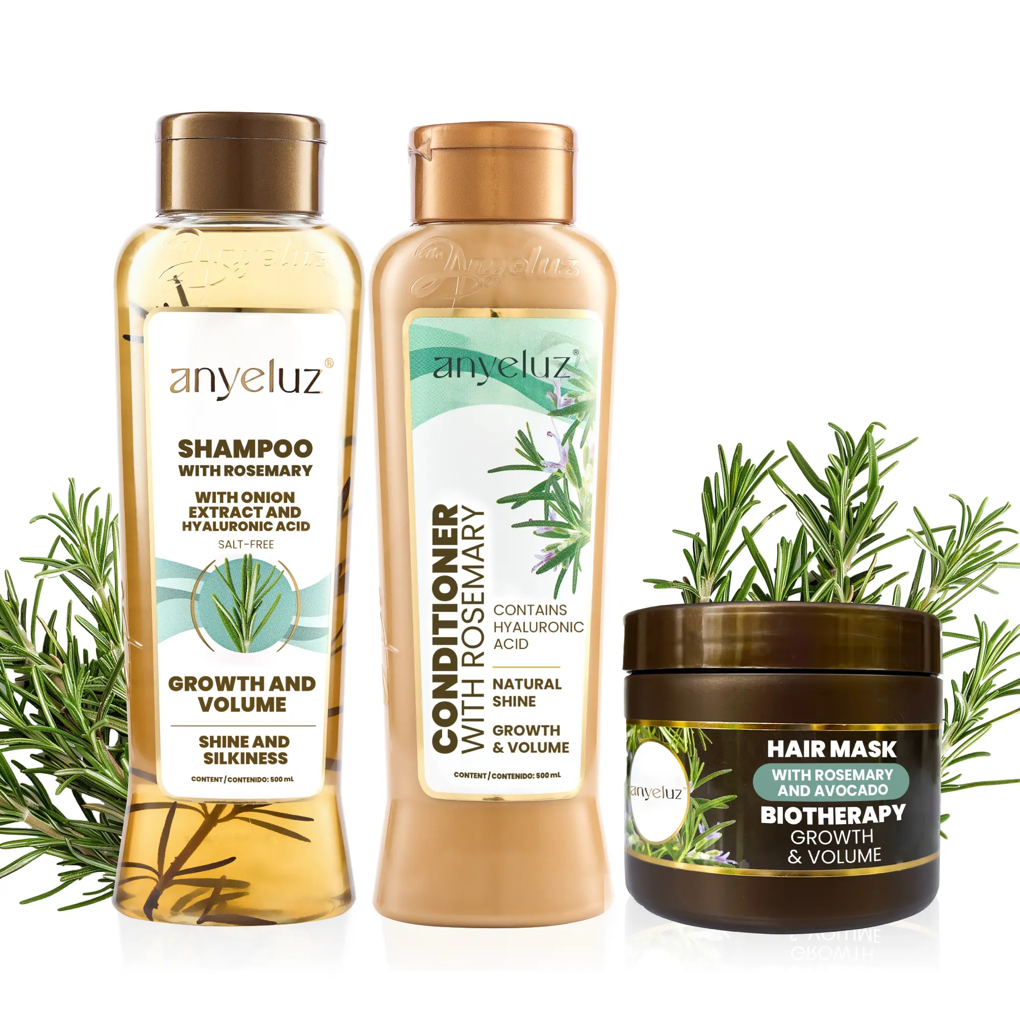 ANYELUZ Rosemary Shampoo, Conditioner and Hair Mask set, with Hyaluronic Acid and Rosemary, with Natural Extracts, Strengthens and Hydrates Hair for Shine and Vitality