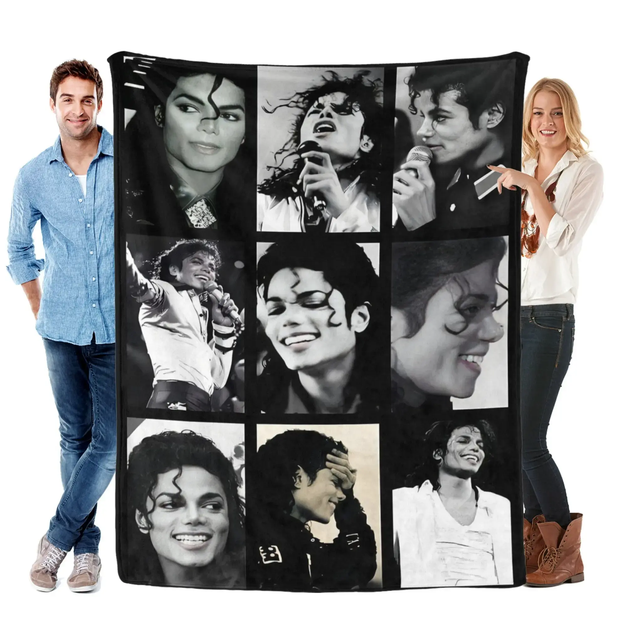 Michael Jackson Art Graphic Face Print Single-sided Blanket - Black Backdrop, B&W Iconic Photos, Wrinkle-resistant, Soft Cozy Indoor Bedding Throw - Christmas, Birthday Gift for MJ Fans, Adult Room Decor