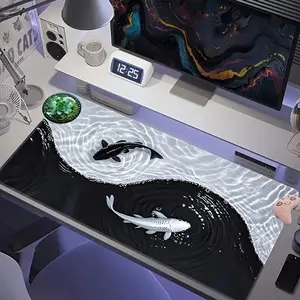 Waterproof Carp and Tai Chi Design Gaming Mouse Pad, Anti-Slip Rubber Base, Precision Stitched Edges, Fashionable Desk Mat