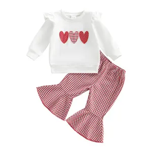 Toddler Baby Girls Valentines Outfit Cute Heart Embroidery Long Sleeve Pullover Top and Plaid Bell Bottom Pants 2Pcs Spring Clothes Set
