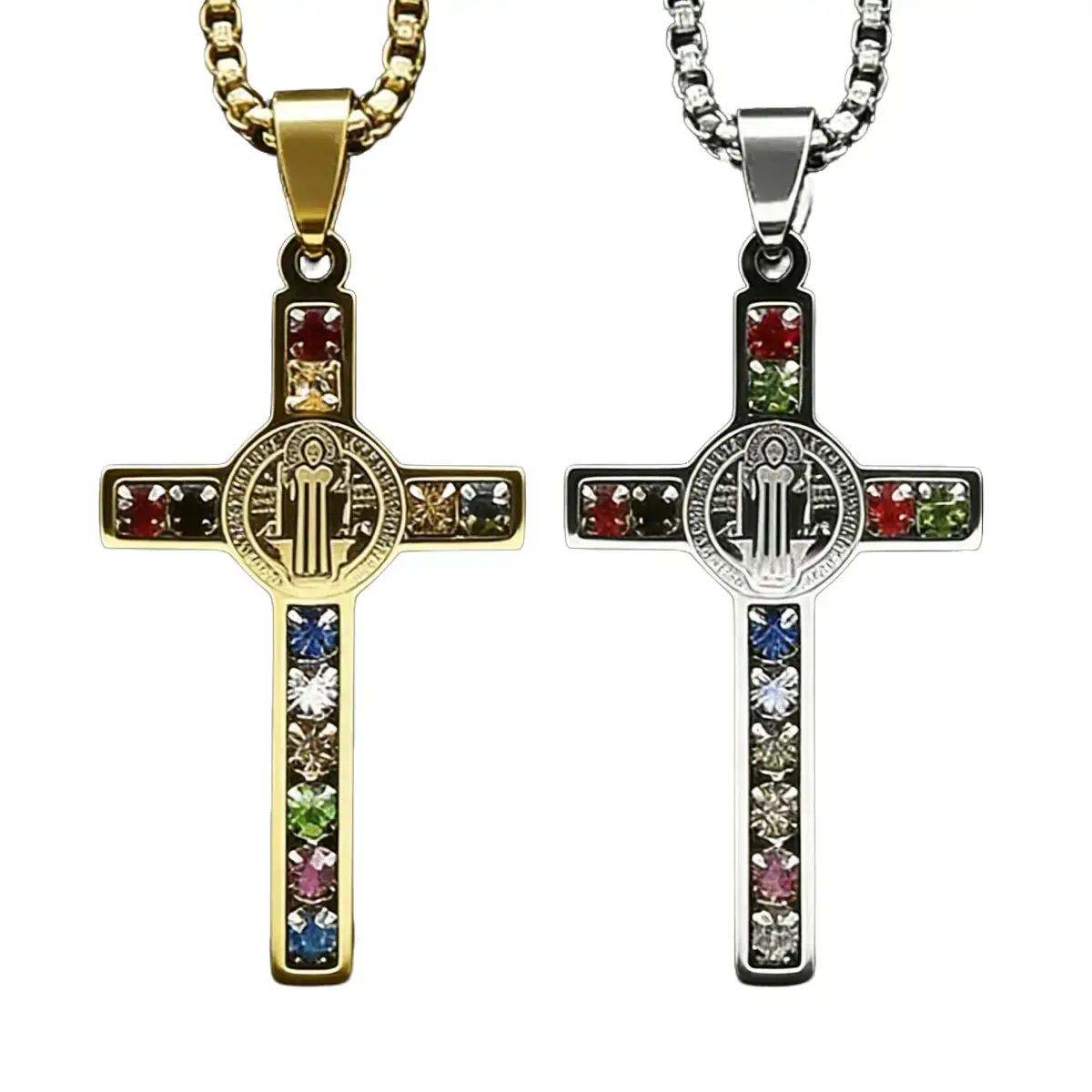 Men's St. Benedict Crucifix Necklace - Stainless Steel Waterproof, Gold Silver Colorful CZ Diamond Jeweled Cross Statement Necklace for Everyday Wear, Crucifix Necklaces, Cross Statement Necklaces