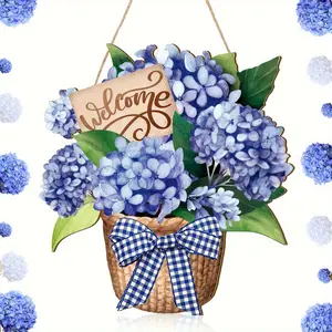Country Style Wooden Welcome Sign with Blue Hydrangea, Plaid Bow, Elegant Calligraphy Font, Recycled Wood Spring Summer Door Decor, Hanging Flowers