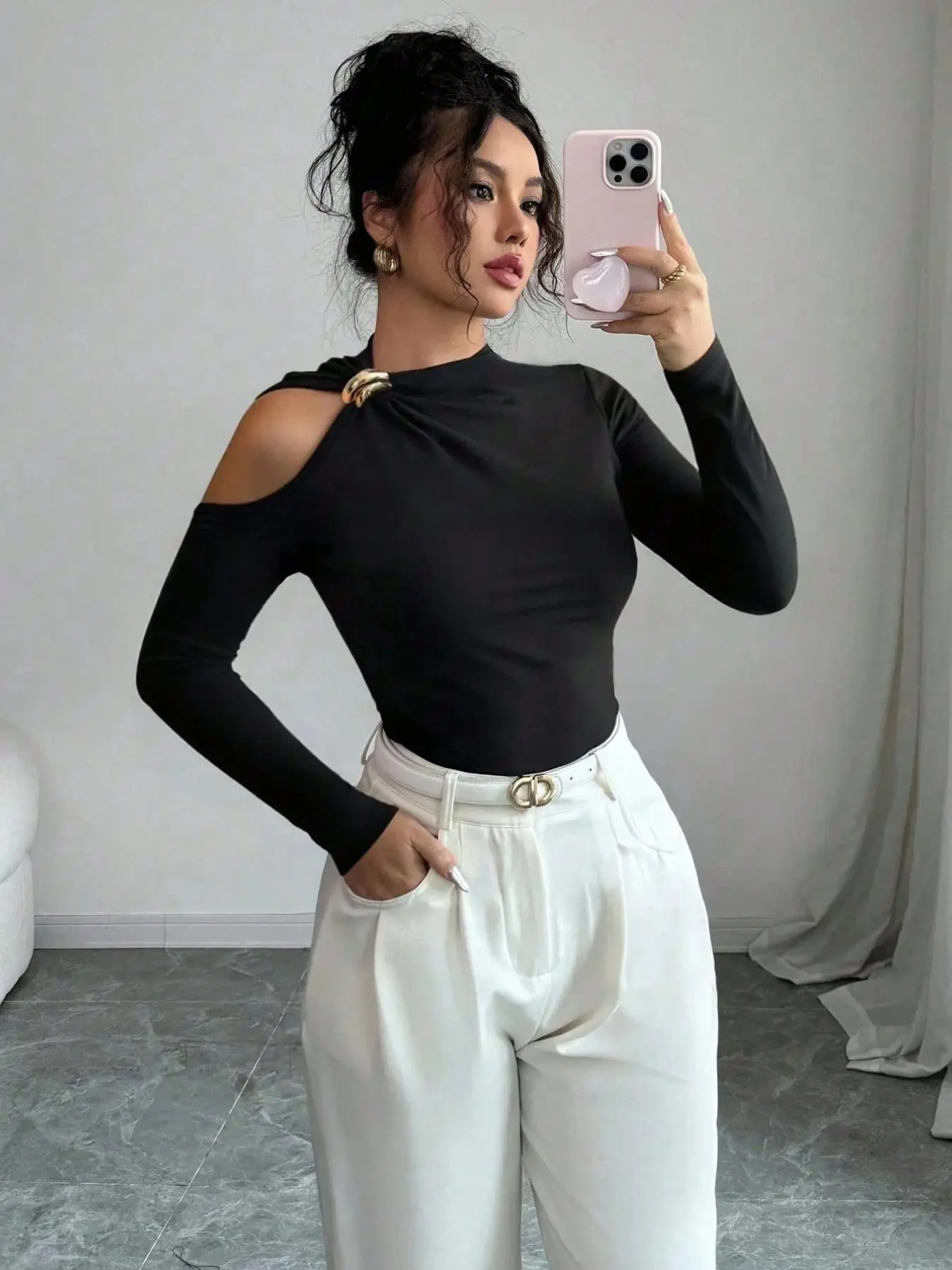 Sexy Fitted Long Sleeve Top, Metallic Metal Decoration Design, Shoulder Cut Out Neckline, Fashion Chic Women's Casual Wear, Perfect Daily Choice, Everyday, Cutout, Womenswear