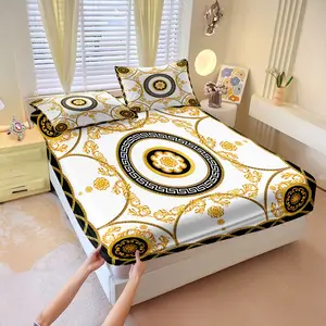 Gorgeous Greek vintage print fitted sheet set, Includes 1 Fitted Sheet & 2 Pillowcases without Filler, luxurious round pattern print fitted sheet, sheet set, breathable fitted sheet set.
