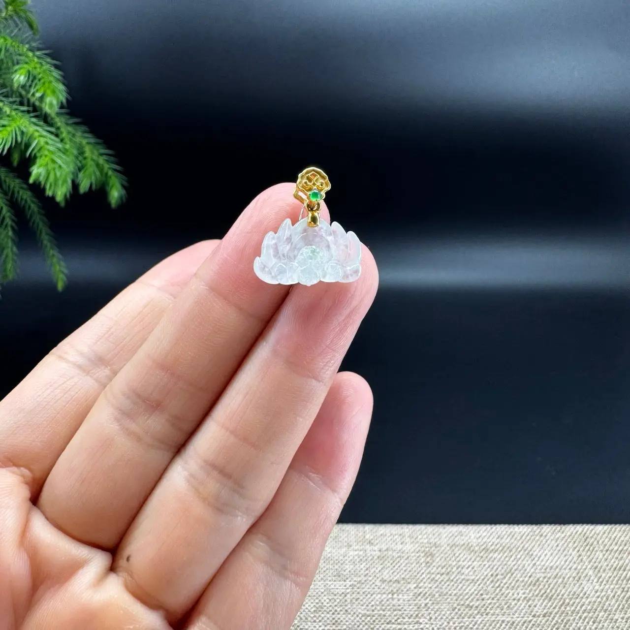 Natural 18K Yellow Gold Burmese Icy White Jadeite Jade Mini Lotus Pendant Necklace