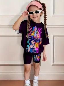 Korean Style Girl Toddler 2026 New Full Print Idol Top + Slim Cycling Shorts, Casual Asymmetrical Design, One Piece Multi-Use Casual Set