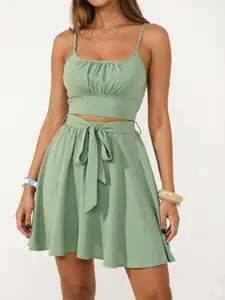 Women's Green Cami Top and Skirt Set, Summer Clothes Women, Ruched Crop Top with Tie Waist A Line Skirt for Vacation Party Dating,  Casual Holiday Co-Ord, Fresh Green Summer Outfit