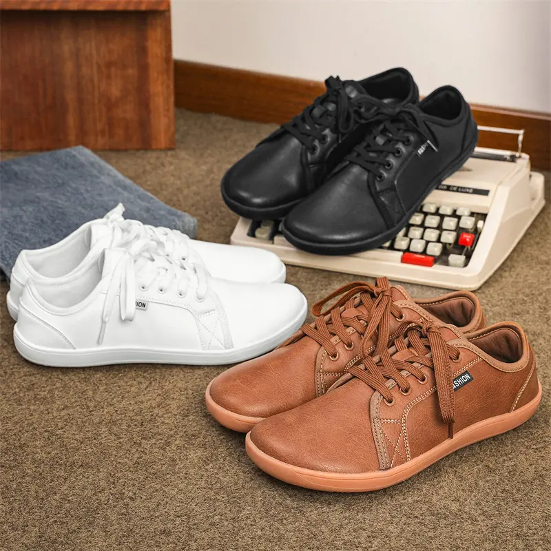FREE TOE SEPARATING SOCKS BONUS！Unisex Leather‑Look Barefoot Sneakers for Men Women, Extra Wide Round Toe Box Zero‑Drop Minimalist Shoes, PU Casual Lace‑up Skate Shoes, Bunion & Hallux Valgus Friendly Footwear for Wide Feet, Daily Commuting Walking Shoes