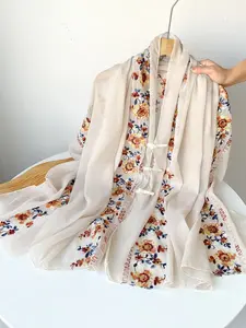 Women's Ethnic Embroidered Floral Scarf, Fashion Long Shawl, Casual Sun Protection Wrap for Outdoor Travel & Parties, Boho Style Scarf, Embroidery Shawl