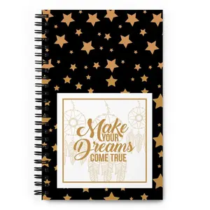 Make Your Dreams Come True Spiral Notebook 5.5″ × 8.5″- Black & Gold Stars Dream Catcher Print - 140 Dotted Pages - Metal Wire-O Binding - Custom Made