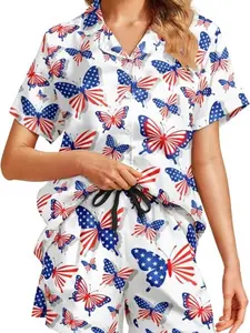 ( Short PJS) Funny Pajamas for Women Set Print Satin Loungewear Pjs Short Sleeve Button Down Top and Shorts Sets Sleepwear XS-3XL