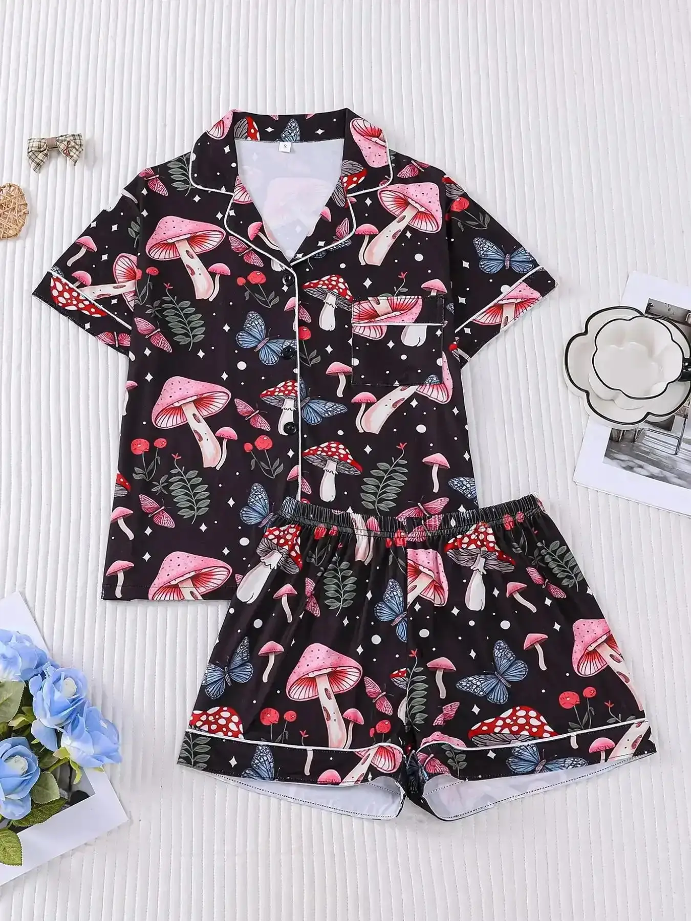2-Piece Women's Sleepwear Set Plant Mushroom Print Short Sleeve Top and Shorts Comfortable Soft Skin-Friendly Elastic Waist Pajama Pyjamas quick dry warm weather casual comfort lightweight comfort, Cozy, Breathable