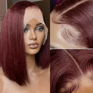 99J Burgundy Lace Front Wigs Human Hair BOB Wig HD Transparent Lace Bob Wig Human Hair Glueless Frontal Wigs Pre Plucked 180% Density Red Short Bob Human Hair Wig  for Women