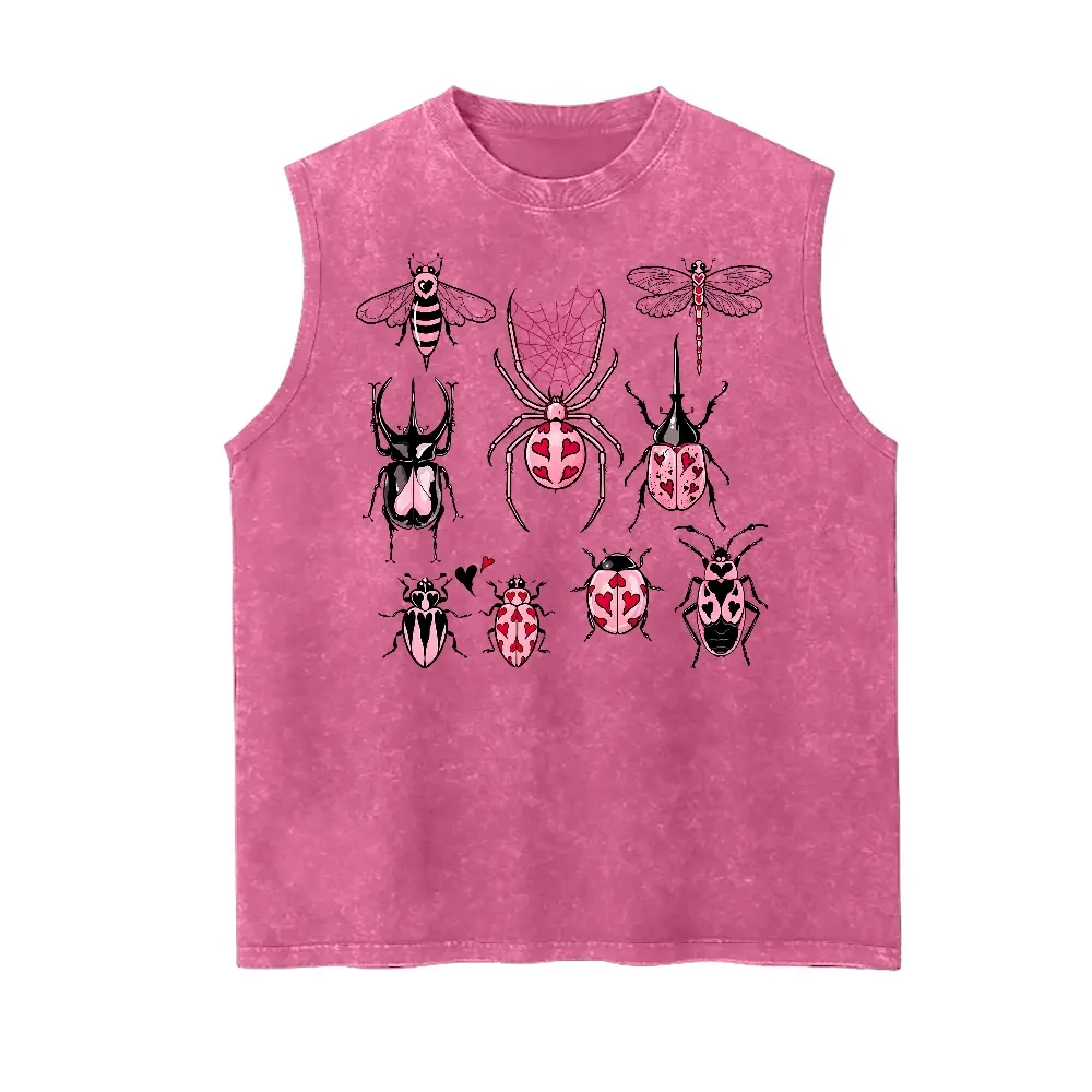 Men's Retro Gothic Oversized "Pink Heart Bug Collection" Insect Print Soft Cotton Sleeveless Tank Top Vest, 90s Vintage Washed, Round Neck, Distressed, Drape, Graphic, Crew Fit, Streetwear Vacation Outfits, Fabric, Heart Vests