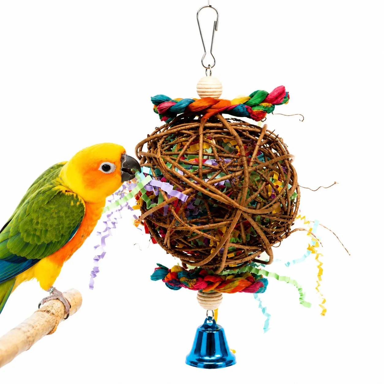 2Pcs - Natural Rattan Ball Parrot Foraging Toy with Bell, Hanging Bird Cage Chew & Shredding Toy for Conures, Cockatiels, Parakeets, Budgies and Lovebirds,parrot toy