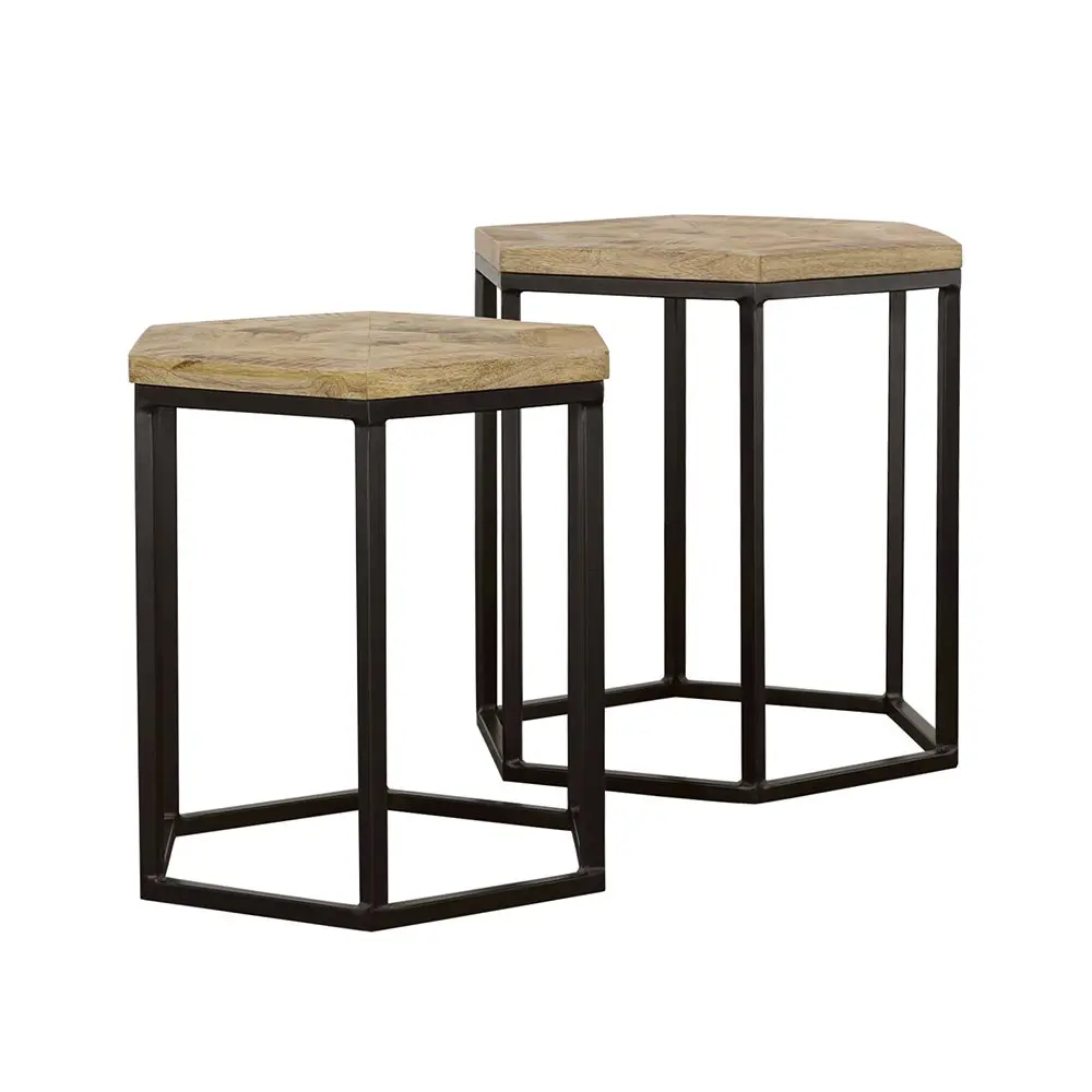 Adger 2-Piece Hexagonal Nesting Tables - Geometric Look, Hexagonal Form, Natural Wood Tops, Black Metal Indoor Furniture