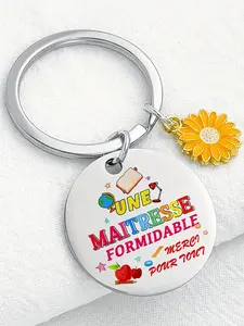 Stainless Steel Painted Teacher Appreciation Keychain, French Gift for Teachers, Colorful Educational Decor with Pencil, Globe, Books