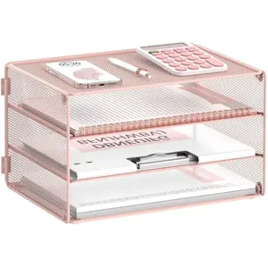 3-Tier Paper Organizer with Handle, Mesh Desk Organizer Letter Tray, Paper Tray Organizer File Organizer for A4 File Folder, Pink