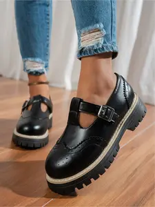 [British Style Platform Mary Jane Shoes] Retro Brogue Buckle Strap Leather Shoes  Women Preppy Height-Increasing Platform Shoes  Soft Sole, Comfortable & Versatile  Available in Black & Brown