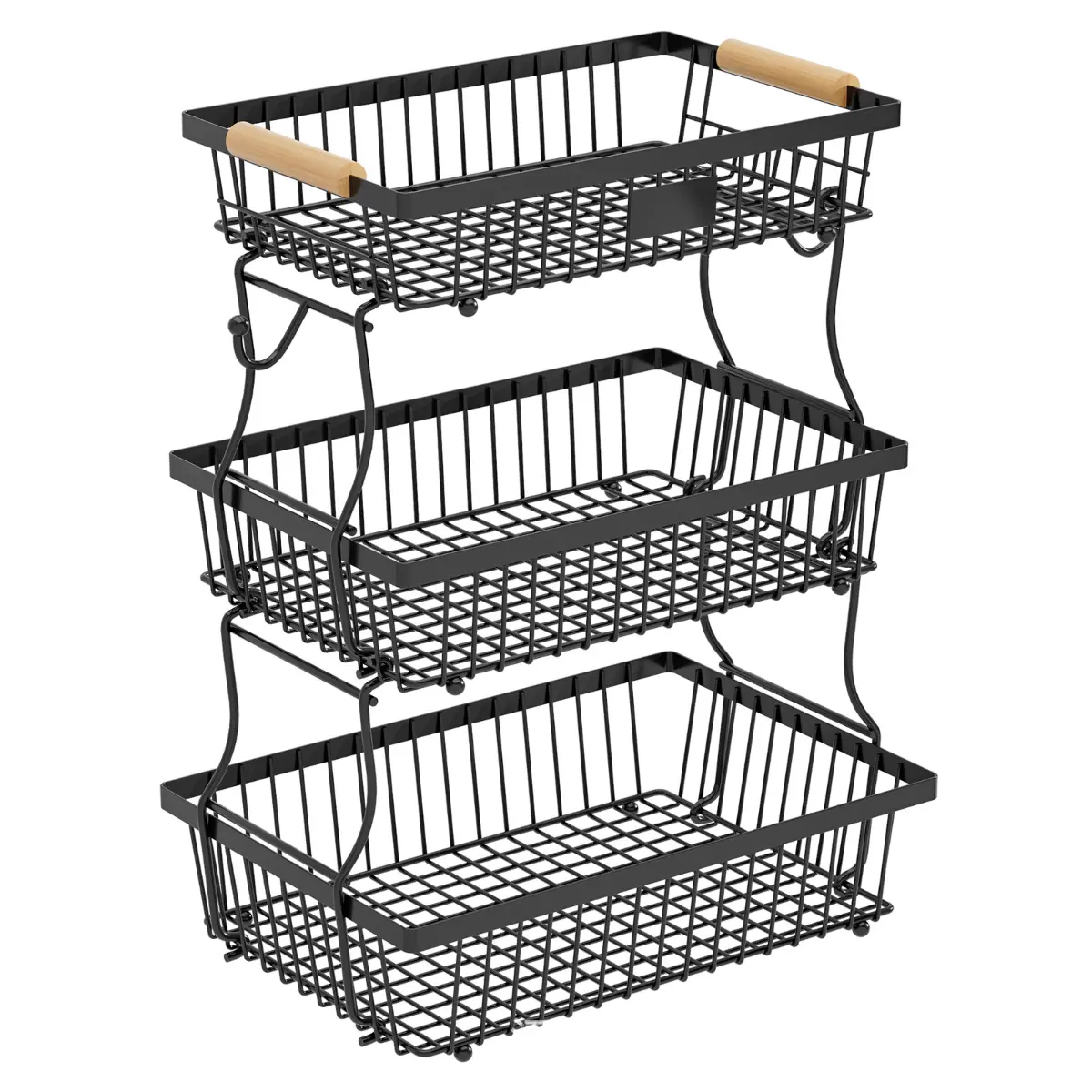 3-Tier Industrial Open Grid Stackable Storage Organizer with Detachable Wooden Grip Handles, Metal Fruit & Snack Bin for Kitchen Use, Living Room Storage, Bathroom