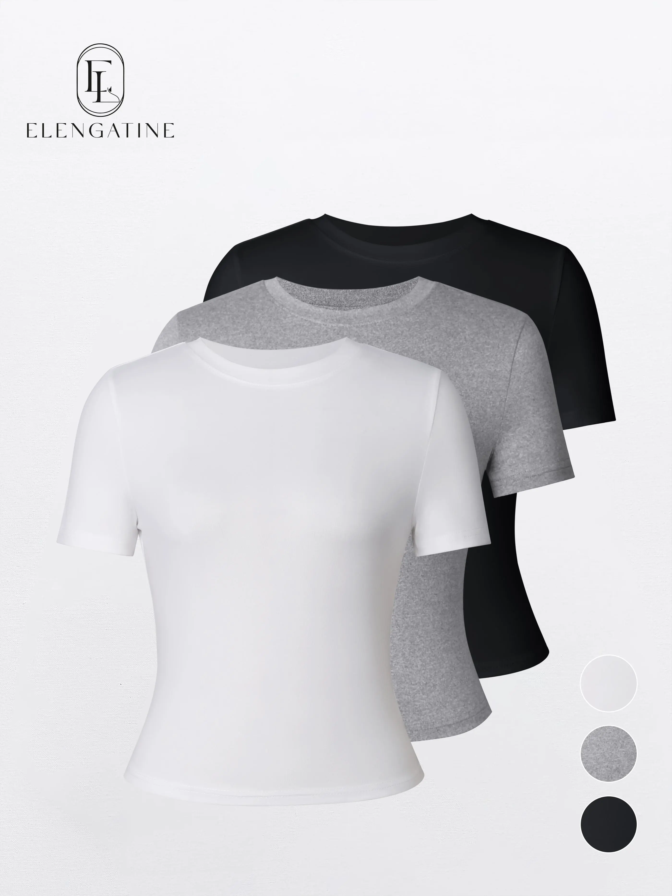 Elengatine Women's Stretchy Knit Slim Crop Tee - Classic Round Neck, Casual Essential Short-Sleeve, Comfortable Minimalist Everyday Fitted T-Shirt, Shortsleeve, Top, Tshirt, Athletic, Elastane, Basic, Tops, Simple Fits, Classic Cut, Slim-Fitted Women's T-