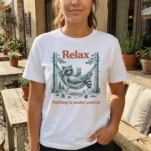 Relax Nothing Is Under Control Retro Raccoon Hammock Graphic Women's Cozy Boho Mindfulness Cotton Tee For Laid-Back Casual Forest Style