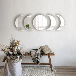 Bohemian 5-Pcs Moon Phase Acrylic Mirrors, Self-Adhesive Wood Wall Stickers, Easy Peel-and-Stick Metal-Accent Decor, Perfect Home Gift