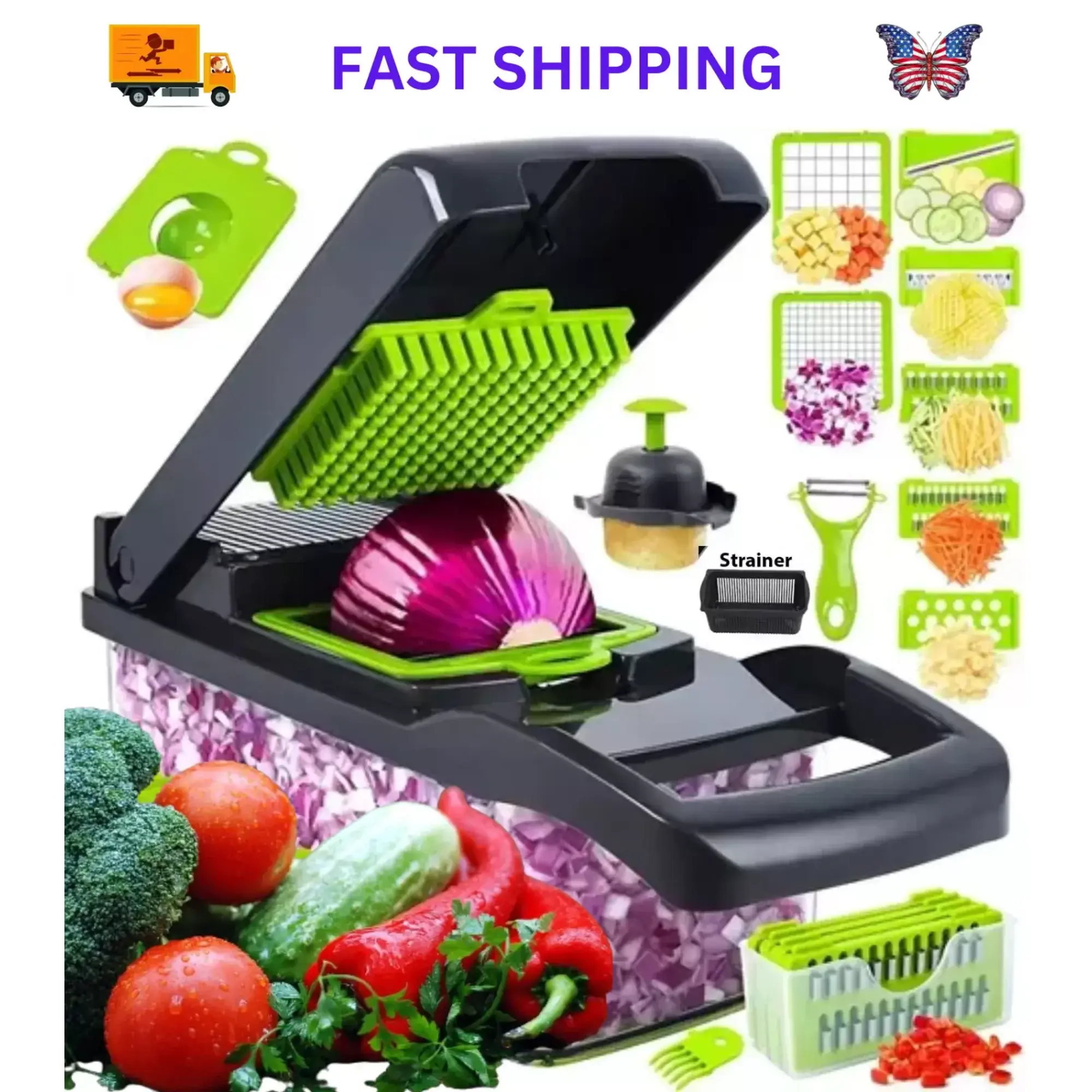 [Big deal] Vegetable Chopper 14 in 1, Veggie Chopper - Multifunctional Food Chopper with Container 8 Blades Veggie Dicer - Onion Slicer & Grater Chopper