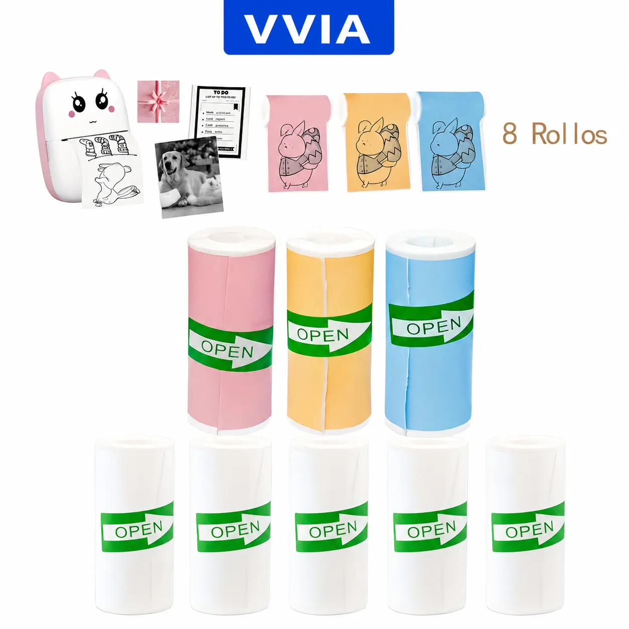 8 Rolls Mini Thermal Paper - Self-Adhesive, Inkless, Compatible with Portable Thermal Printers - Suitable for Photos, Labels, Notes, Scrapbooking, Office, School, Home - (3 Colors + 5 White Rolls) - Perfect for Printing Anytime, Anywhere, Office