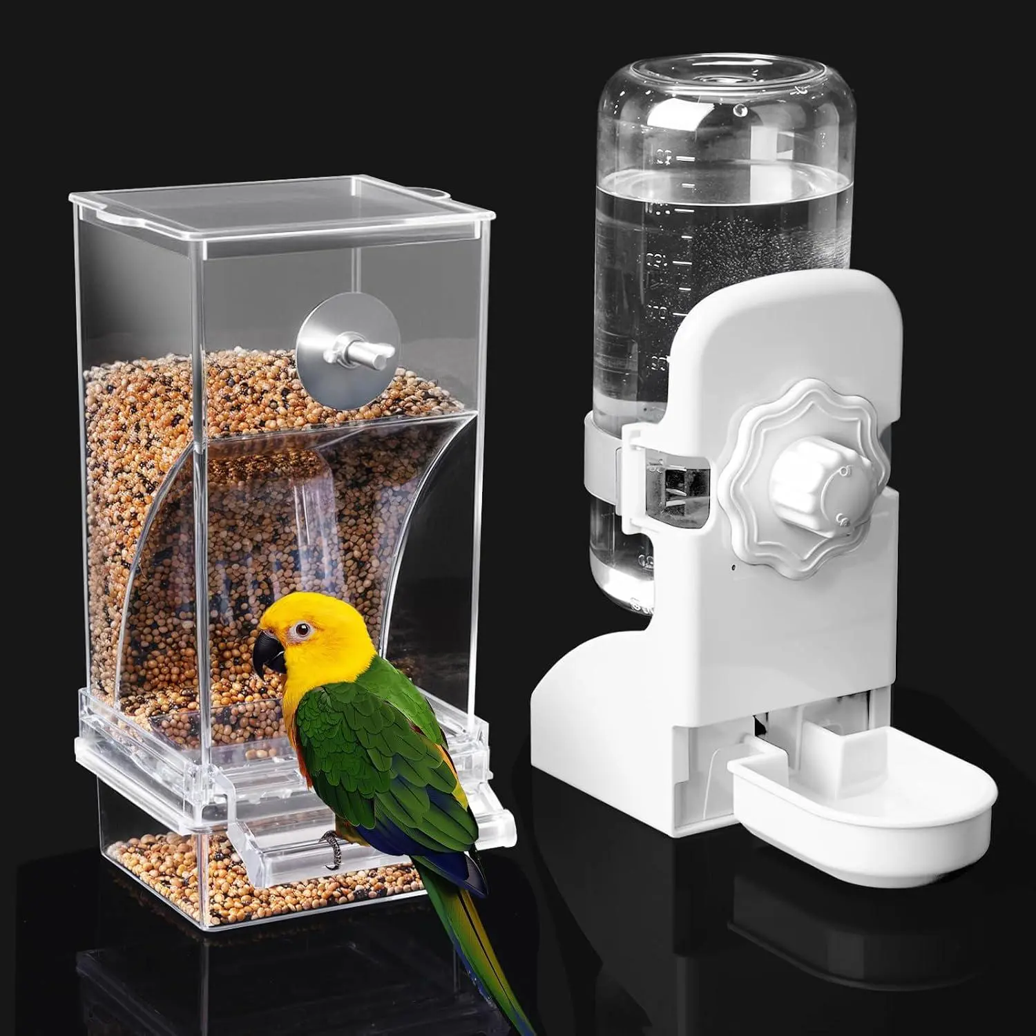 No Mess Bird Feeder Water Dispenser Set – Automatic Parrot Feeder Cage Accessories, Clear Parakeet Seed Container Food Drinker for Cage, Cockatiel Finch Lovebirds Budgies Canary – Gravity Fed,, Easy to Clean, Mess‑Free Design  – Hangs Securely on Any Cage