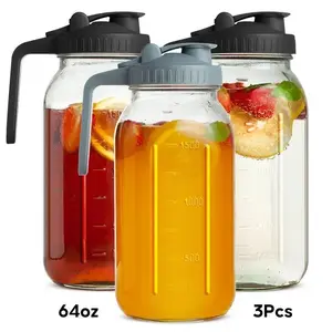 Bestseller 3PCS 64oz Glass Water Pitcher with Flip Top Lid and Handle Leakproof Wide Mouth Mason Jar Style Beverage Container with Scale for Cold Water Ice Water Cold Brew Iced Coffee Tea Juice Milk Homemade Drinks for Home Kitchen Fridge Office Picnic
