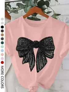 Women's Glitter Bow Print Short Sleeve Tee, Casual Round Neck Printed T-shirt for Daily Wear, Ladies Sleepwear for All Seasons, Top