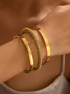 Bestselling Roman numeral gold stainless steel bracelet stacking set | Trendy Spring Texture Bracelet Set | Diamond-Accent Luxury Jewelry | Women’s Elegant Daily/Party Accessories